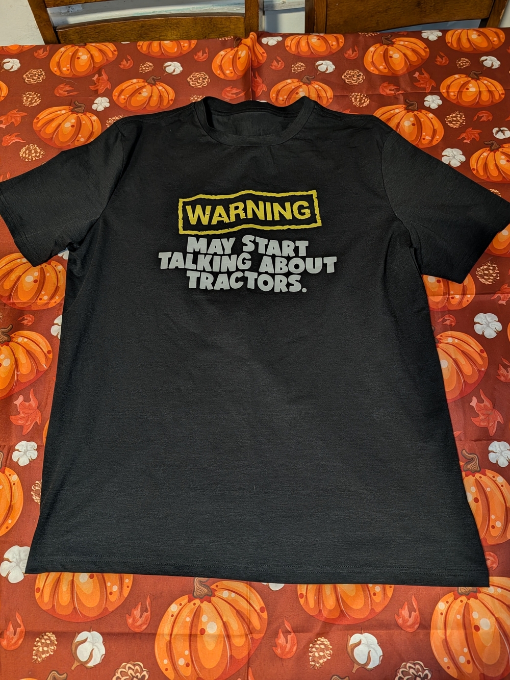 Black Graphic Short-Sleeve Tee with 'Warning' Tractor Slogan